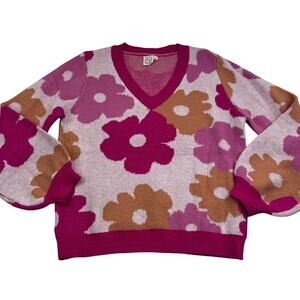 Grace & Emma Floral Retro Vibes Daisy Knit V-Neck Pullover Sweater Women's M